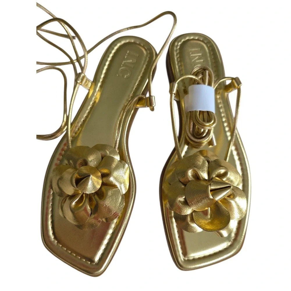 INC Gold Floral Lace Up Sandals Womens 7.5 Metallic Strappy Gladiator New